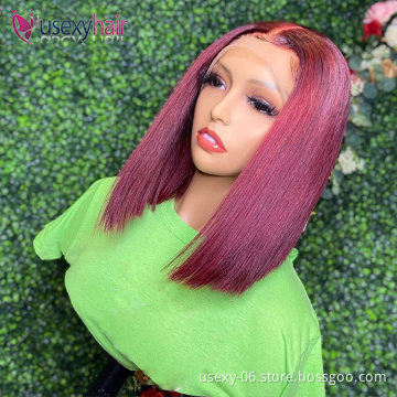 Top quality silk top straight pre plucked hd lace frontal wig new design short human hair bob wig transparent 99j lace front wig